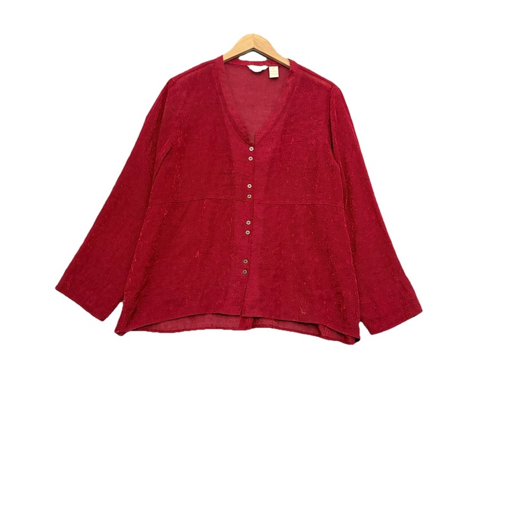J Jill Womens Sheer Top Size XL Red Iridescent Holiday Event‎ Occasion Button
